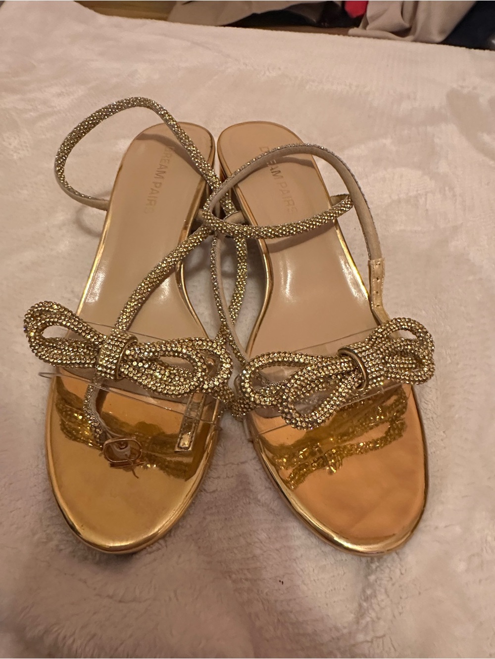 Dream Pairs Gold Rhinestone Bow Strappy Heels